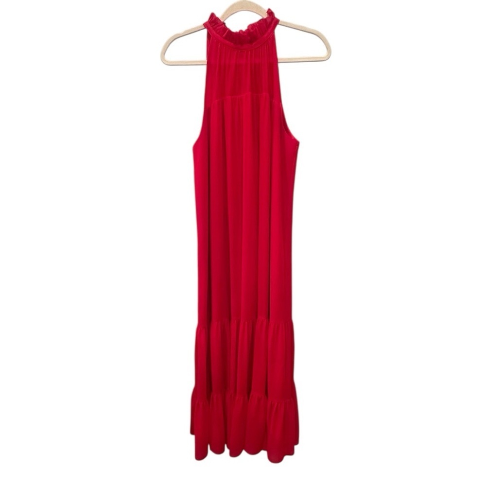 Alex Marie Vibrant Red Halter Maxi Dress Back Tie Ruffles Christmas Event Sz 8